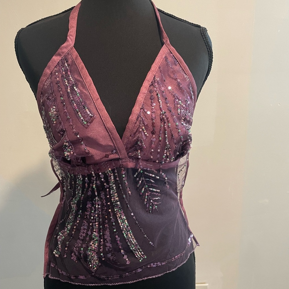 Sequin-Embellished Plum Halter Mesh Tank Top